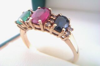 Rare & 9ct Gold Emerald Ruby Sapphire & Diamond Ladies Ring 2006 2