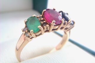 Rare & 9ct Gold Emerald Ruby Sapphire & Diamond Ladies Ring 2006 3