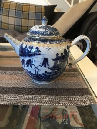 Antique 18th Century Chinese Blue And White Porcelain Tea Pot - Damage Repair