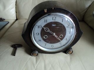 Vintage Smiths Enfield Mantel Clock With Pendulum & Key In Order