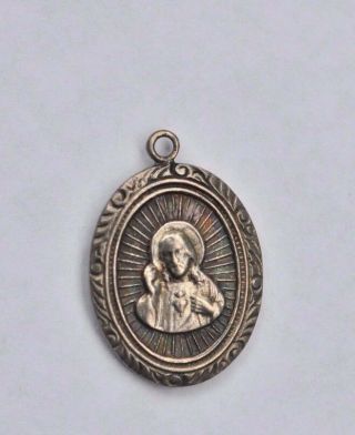 Vintage - Antique Sterling Virgin Mary & Sacred Heart Religious Medal - Charm