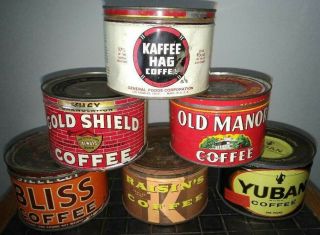 Six Antique Vintage Coffee Cans Tins - Bliss,  Kaffee Hag,  Raisin 