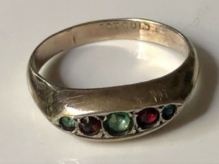 Antique Vintage Victorian Gold On Silver Gypsy Ring & Red/green Stones Sz M 1/2
