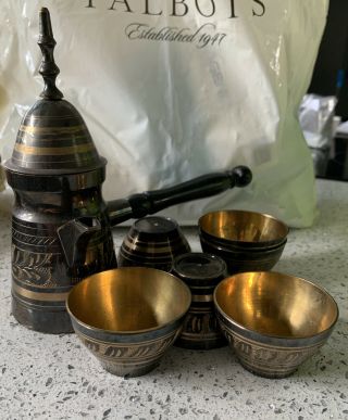 Vintage Arabic Turkish Coffee Pot Brass Etched 6.  25 " Including Lid With 6 Cups