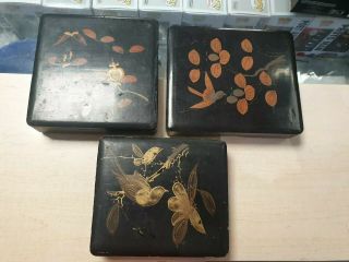 Vintage Japanese Chinese Lacquered Boxes Hand Painted Flowers Birds X 3