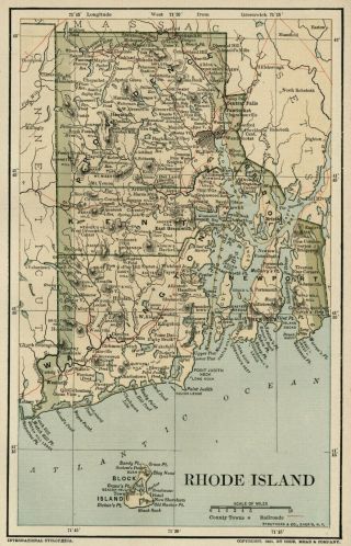 Rhode Island Small Map: Dated 1891 With Towns,  Counties,  Rrs & 1890 Populations