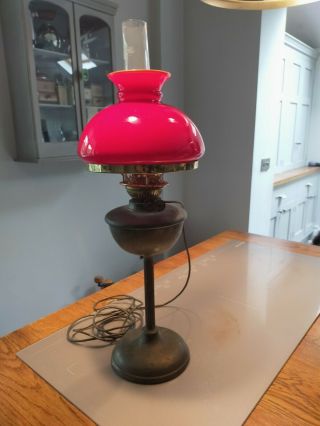 Converted Brass Stemmed Oil Lamp Vintage Red Glass Cowl,  Inner Chimney