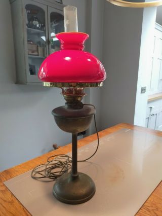 Converted brass stemmed oil lamp vintage red glass cowl,  inner chimney 3