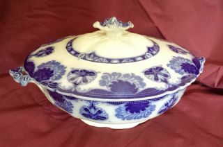 Antique Flow Blue Baltic Covered Vegetable Bowl Dish Tureen By W.  H.  Grindley