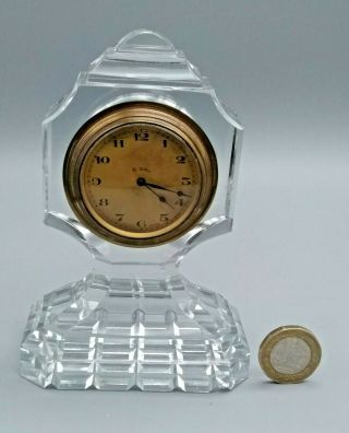 Vintage Swiss 8 Day Small Mantel Desk Clock In Cut Glass Case - 13cm Not