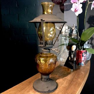 Vintage Amber Glass And Black Metal Oil Lamp