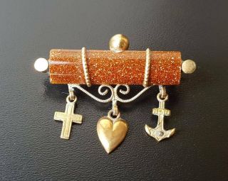 Antique Goldstone Faith Hope & Charity Charm Brooch