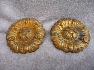 Antique Pair French Large Gilt Brass Rosette Furniture Fittings Decorative Mount