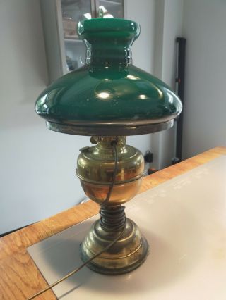 Converted Brass Stemmed Oil Lamp Vintage Green Cowl