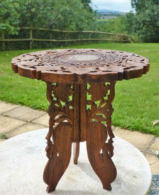 Small Vintage Indian Carved Wooden Table Plant Stand