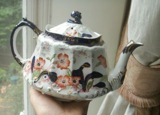 Old Antique Edwardian Art Nouveau Staffordshire English Floral Teapot C.  1905 L
