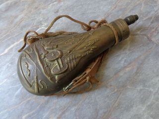 Vtg Rare Brass Gun Spring Powder Bottle Flask Us Civil War Cannon,  Muskets & Flag