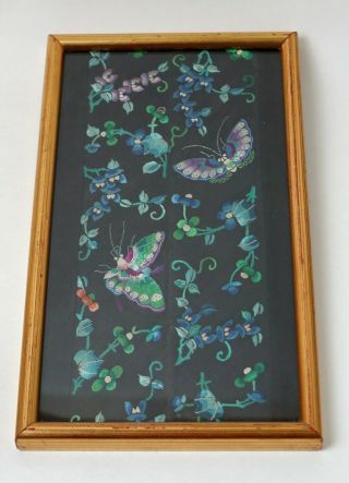 Framed Vintage Chinese Silk Embroidery Of Butterflies And Flowers