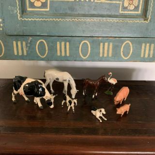Antique Vintage Set Of Metal Farm Animals Horses,  Cow,  Pigs,  Goat,  Dog Flamingo