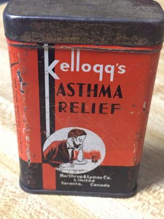 Antique Kellogg Asthma Medicine Tin Litho Can Toronto Canada Pharmacy Druggist