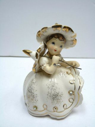 Rare Vintage Lefton Bloomer Girl With Parasol Figurine,  No.  Kw1053