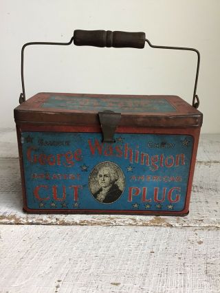 Antique George Washington Cut Plug Tobacco Tin With Handle