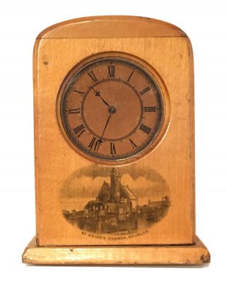 Antique Mauchline Ware Clock Money Box Douglas I.  O.  M St Brides C1890 - 1990 Wood