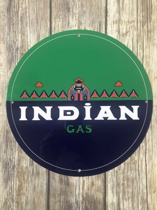 Vintage Rare " Indian Gas " 12” Metal Gasoline & Oil Sign Pump Plate