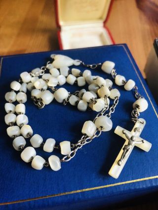 Antique Art Deco French Silver Rosary Carved Mother Of Pearl Rare Collectable
