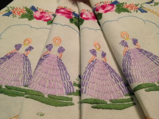 Vintage Hand Embroidered Tablecloth Elegant Crinoline Ladies & Exquisite Flowers