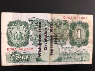 Rare England 1941 K.  O.  Peppiatt Vf Be48e 1 Pound Overprinted " Withdrawn "