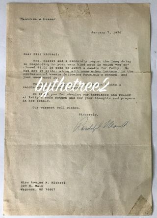 William Randolph Hearst Jr.  Personal Thank You Letter Patty Hearst Rare 1976