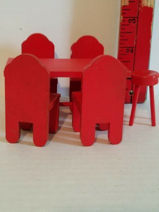 Vintage Wooden 6pc Red Table,  4 Chairs And Stool Dollhouse Furniture