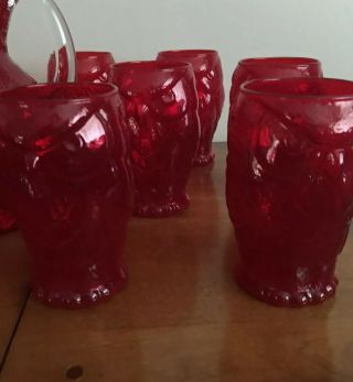 Rare Vintage Owl Bird Pitcher 12 Glasses Mid Century Modern Retro Ruby Red Glass 2