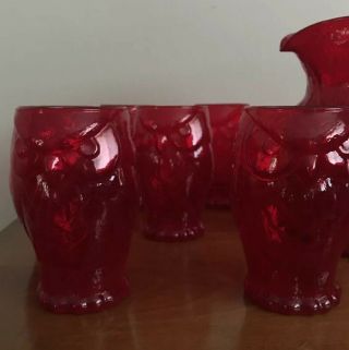 Rare Vintage Owl Bird Pitcher 12 Glasses Mid Century Modern Retro Ruby Red Glass 3