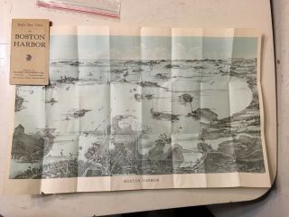 Rare Antique Birds Eye View Map Of Boston Harbor Fold Out