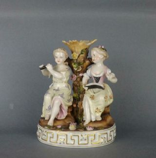 Antique Porcelain Sitzendorf Romantic Figural Candlestick Of Two Girls