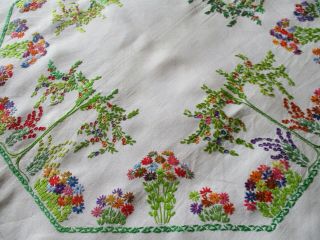Vintage Hand Embroidered Linen Tablecloth - Bright Floral 
