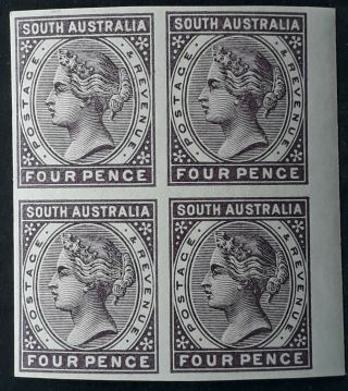 Rare 1883 - South Australia Imperf Proof Blk Of 4x4d Violet Values Stamps Muh