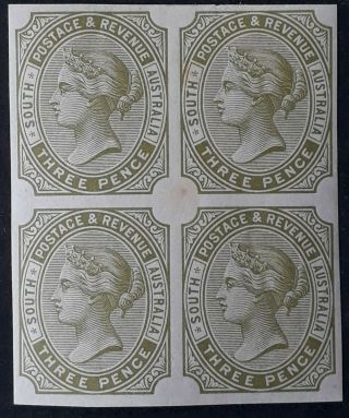 Rare 1883 South Australia Imperf Proof Blk Of 4x3d Olive Green Values Stamps