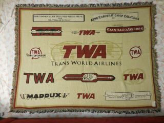 Vtg Twa Airlines Tapestry Blanket 52x68 Nos Rare 100 Cotton Usa
