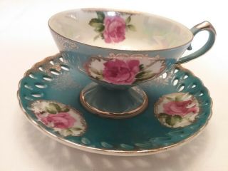 Lefton China Teacup And Saucer,  Hand Painted,  Blue With Roses