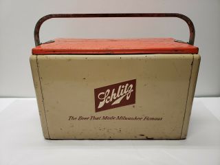 Rare Vintage Mid Century Retro Cronstroms Metal Schlitz Beer Picnic Cooler 3