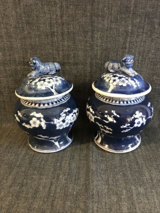Antique Chinese B & W Prunus Ginger Jars And Covers Blue Character Mark To Bases