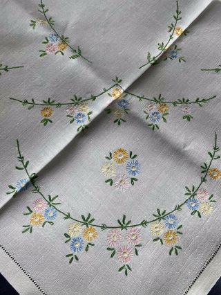 Vintage Floral Hand Embroidered White Irish Linen Small Square Tablecloth