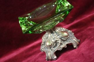 Vintage Antique Emerald Green Glass Brass Stand Ashtray Ornate