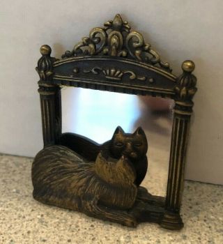 Vintage Jj Jonette Jewelry Cat Gazing In Mirror Brooch Antique Bronze Tone