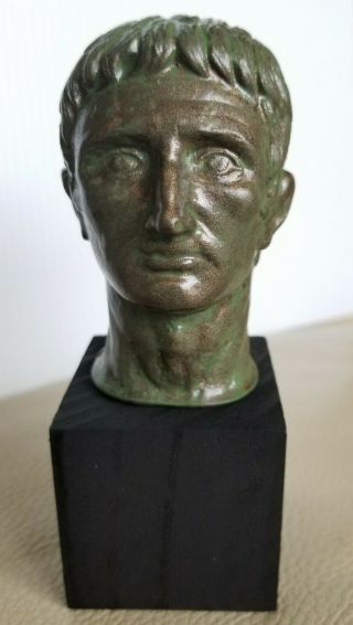 Ancient Roman Empire Emperor Augustus Antique Weathered Brass Tone Bust Statue