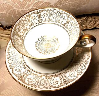 P T Bavaria Tirchenreuth Bone China Cup And Saucer Gold And White Germany Vtg