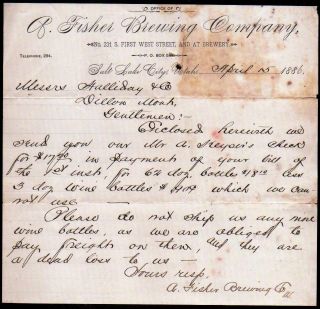 1886 Salt Lake City Utah - A Fisher Brewing Co Vintage Letter Head Rare